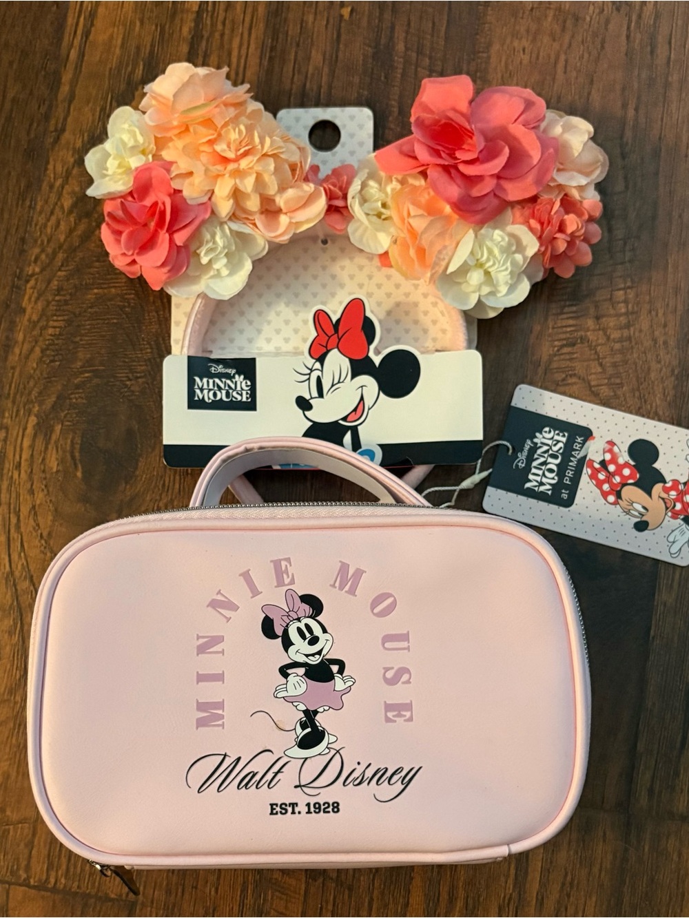 NEW Primark Disney MINNIE MOUSE Pink Zip Cosmetic Bag & Flower EARS Headband